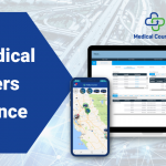 The Medical Courier Difference words on an arrow and then the home page on the screens, and the medical couriers logo - Medical delivery services with care
