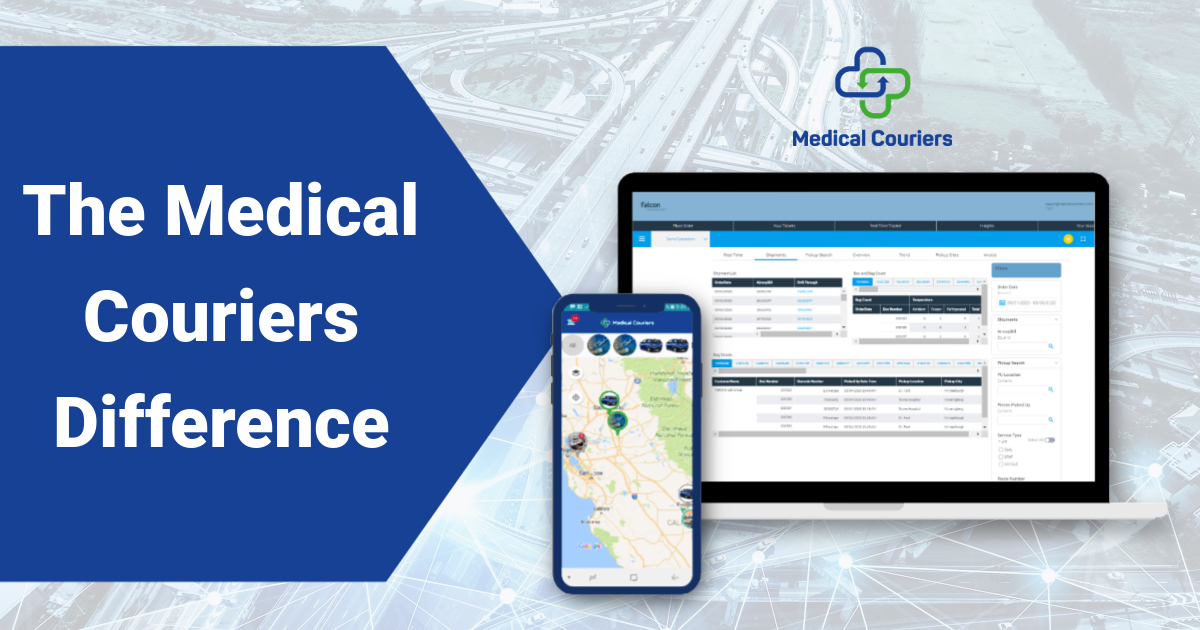 The Medical Courier Difference words on an arrow and then the home page on the screens, and the medical couriers logo - Medical delivery services with care