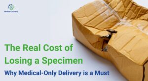 Image of Torn Medical Supply Delivery with title "The Real Cost of Losing a Specimen - Medical-Only Delivery is a Must"