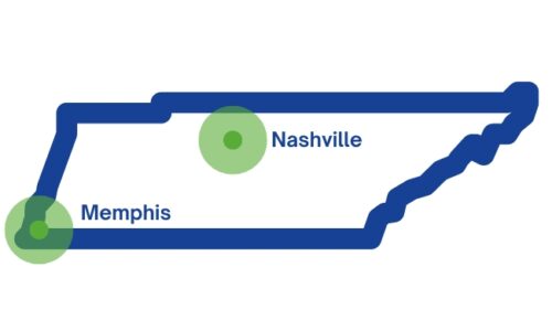 Tennessee Map of covered medical courier services highlighting Memphis and Nashville